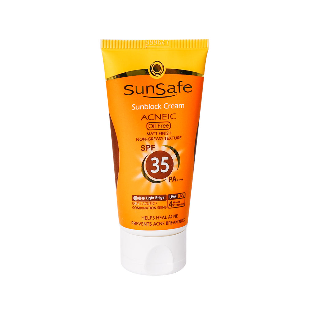 کرم ضد آفتاب SPF35 فاقد چربی بژ روشن مناسب پوست چرب و آکنه ای سان سیف